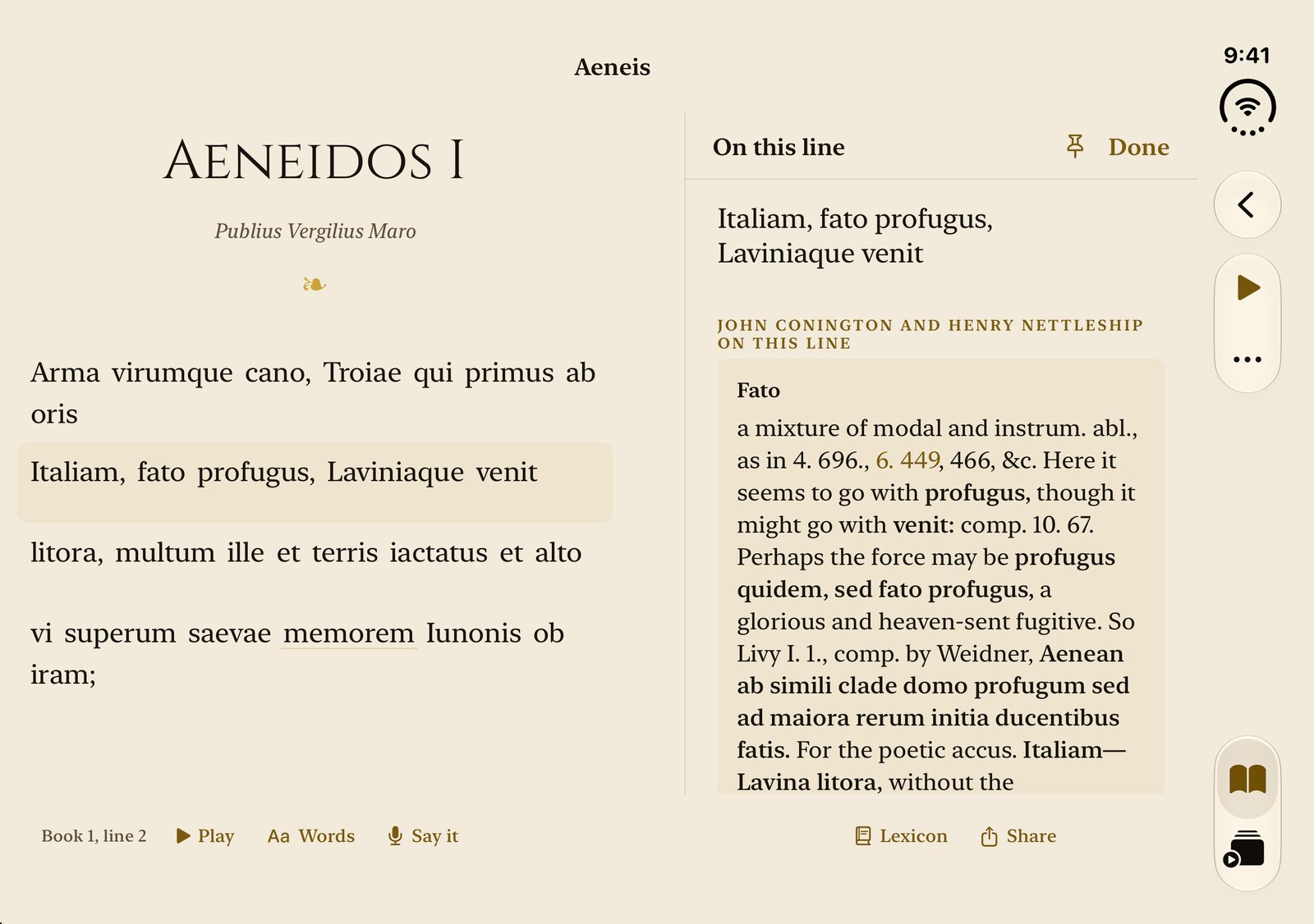 Conington's commentary on the facing page of the Aeneid