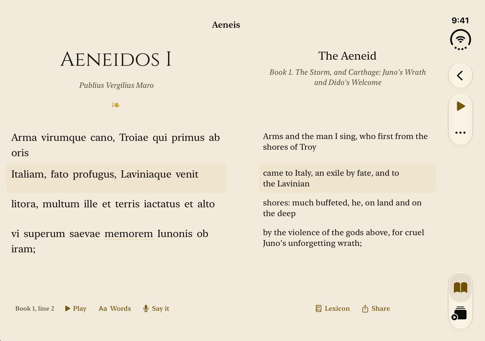 Book 1 of the Aeneid open on iPhone Duo