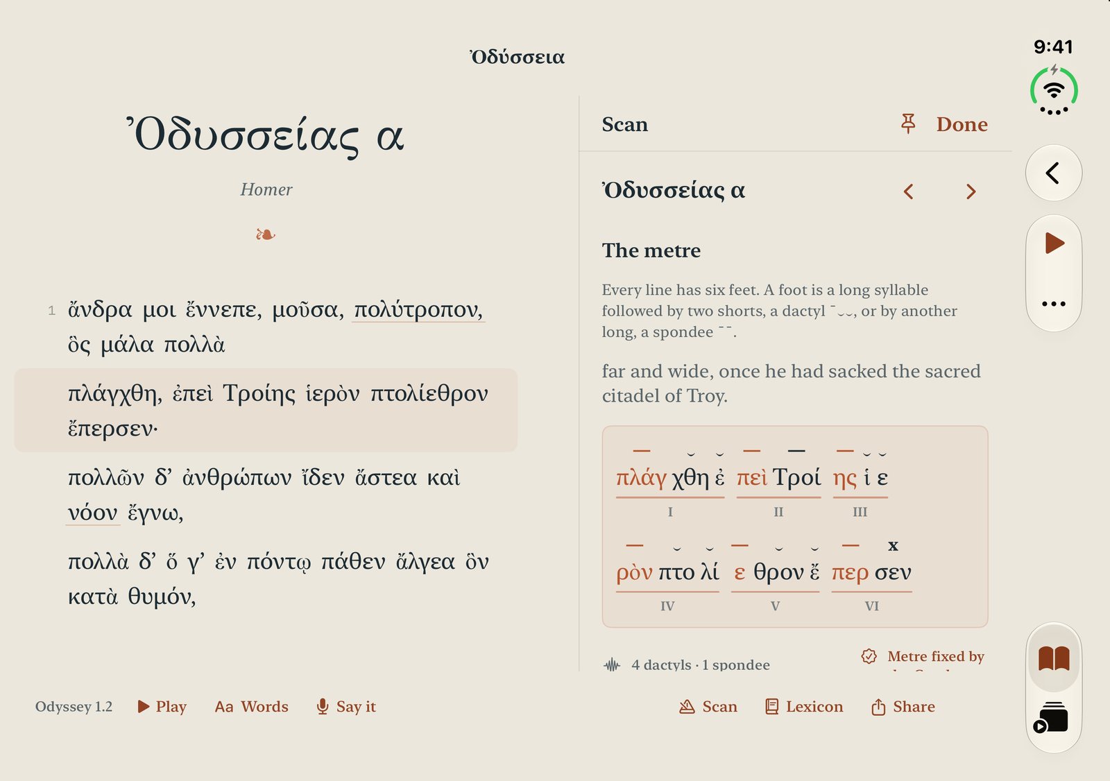 The scansion of a line of Homer on the facing page